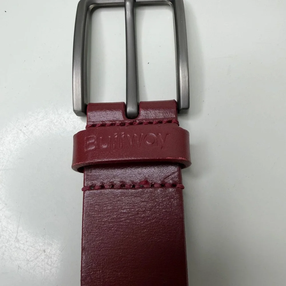 Buffway Leather Belt Mens Burgundy Red Gunmetal Buckle Classic Minimalist 34
